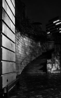 Luc Dartois 2020 - Paris by night under the rain, the stairway of the Rouelle bridge