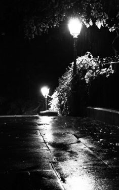 Luc Dartois 2020 - Paris la nuit sous la pluie, lampadaires de l‘escalier de la station Passy